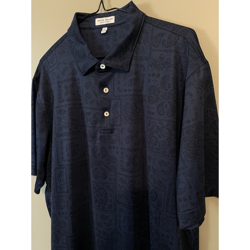 Peter Millar Summer Comfort Men's Polo L Short Sleeve Dark Blue Paisley - Picture 8 of 16